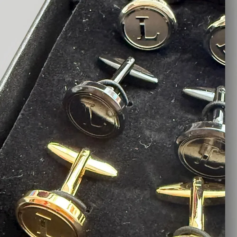 Men’s Cufflinks Set -Initial “L”- Gold, Silver & Black - 3 Pairs